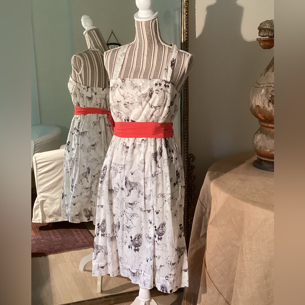 Maeve Fetch and Frolic B+W Print Midi Dress with Coral Waistband